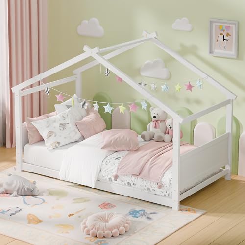 Twin Montessori Floor House Bed, Solid Wood Toddler Bed Frame, White