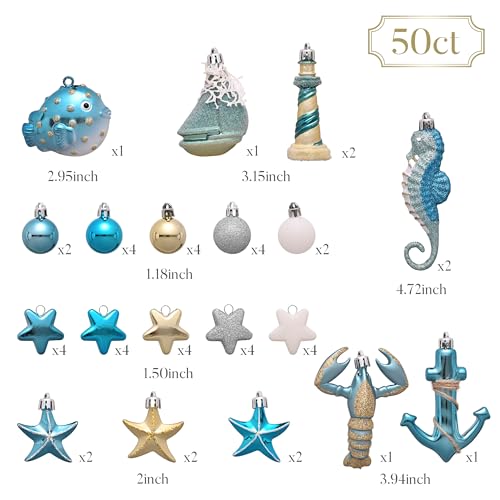 50-Piece Shatterproof Teal Nautical Coastal Tree Ornaments Set for Beach Decor