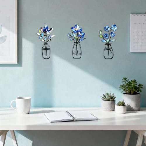 3-Piece Metal Vase Wall Art Set, Rustic Blue Iron Floral Wall Decor