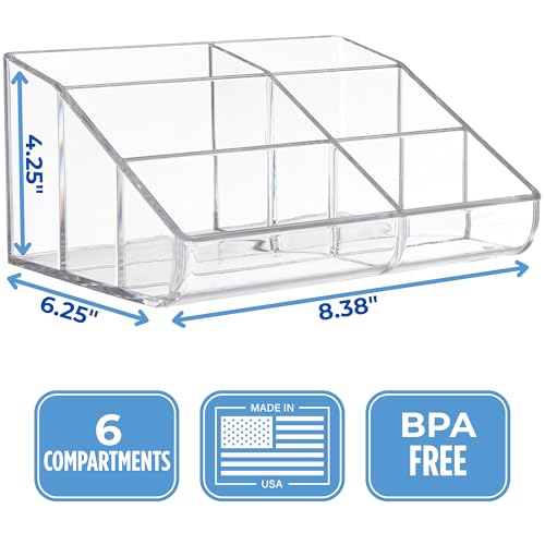 STORi Clear Plastic Vanity Makeup Organizer - 6 Compartments for Brushes & Palettes