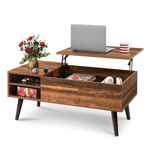Lift Top Coffee Table with Hidden Storage and Adjustable Shelf, Brown
