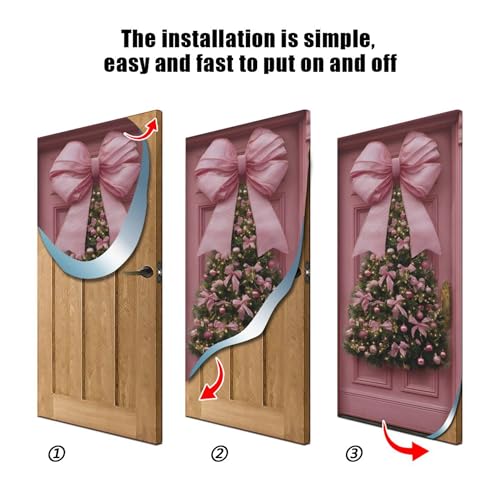 Burbuja 35 x 79 in Pink Bow Christmas Door Cover - Stretch Fabric Backdrop for Home Holiday Decor