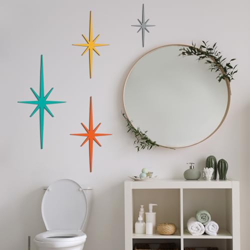 4-Piece Mid-Century Modern Starburst Wall Art, Retro Metal Atomic Stars