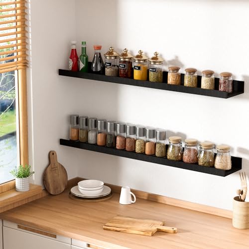 Black Floating Shelves Set of 6 - 15.7 Inch Wall Mounted Wood Shelves