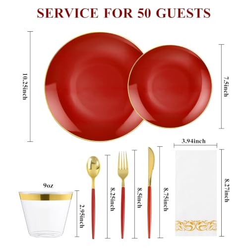 50 Guests Red & Gold Disposable Plastic Plates Dinnerware Set - 350 Pcs
