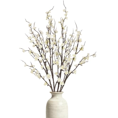 4 Pcs 39-Inch Artificial Cherry Blossom Branches, Silk White Flower Stems