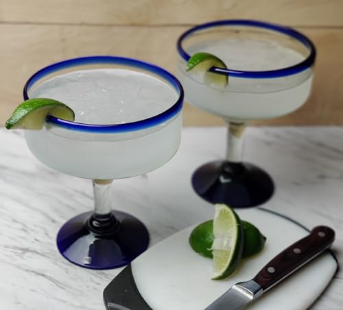 Set of 4 Mexican Hand Blown Margarita Glasses - Cobalt Blue Rim, 14 oz