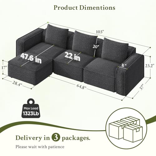 103" Modular L-Shaped Sectional Sofa with Ottoman, Grey Cloud Couch