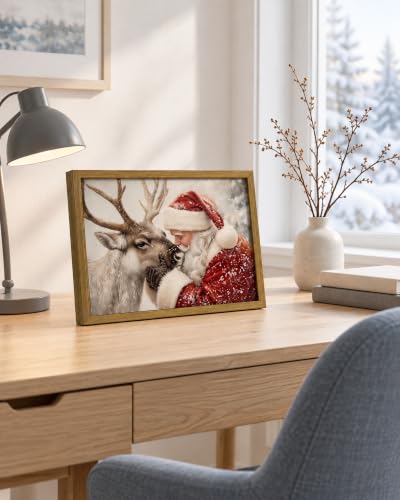 XYHYRA Framed Vintage Christmas Wall Art Santa Reindeer Canvas 16x12