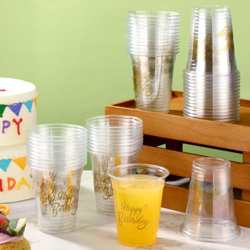 50 Pcs 12 oz Happy Birthday Plastic Cups - Disposable Party Drinkware