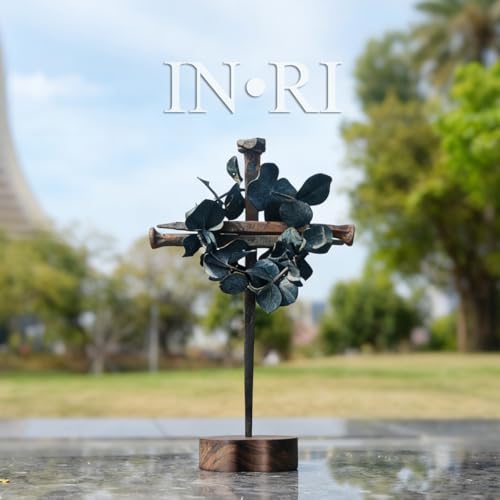 Hand-Forged Iron Crucifixion Nail Cross on Wooden Base - Religious Decor