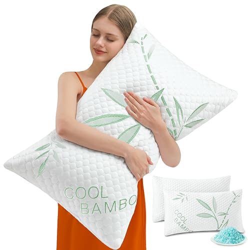 Queen Size Cooling Memory Foam Pillows Set of 2 - Adjustable Firm Bamboo