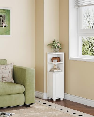 Narrow Corner Bathroom Cabinet with Adjustable Shelves - White Storage Unit