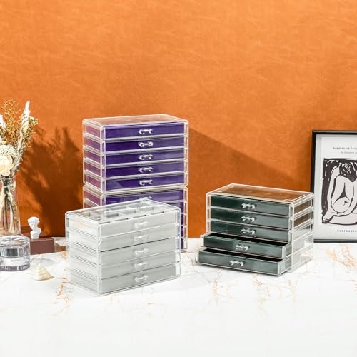 Purple Earring Holder Organizer Jewelry Box with 5 Removable Velvet Trays - Stackable, Compact Storage