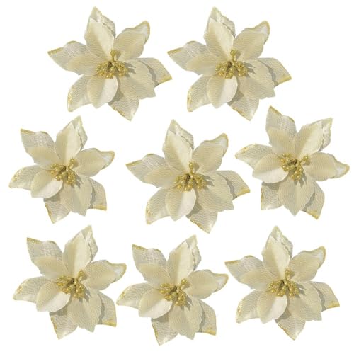 Bodosac 24Pcs Glitter Poinsettia Christmas Flowers with Clips 5in - Gold