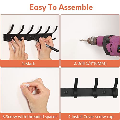Wall Mounted Coat Rack - 12 Hook Aluminum Entryway Hanger (2 Pack, Black)