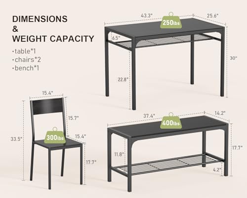 4-Piece Dining Table Set for 4 with Bench and Built-In Storage Racks - Black