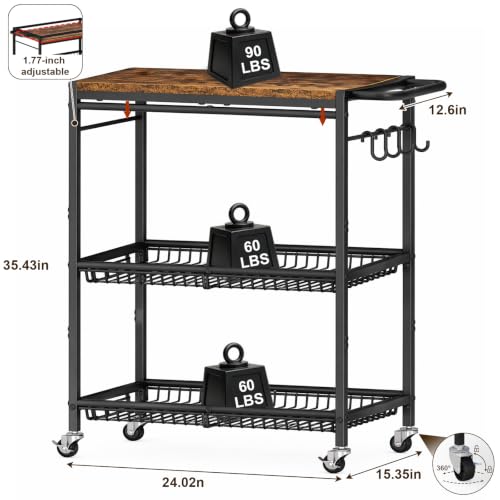 Rolling Kitchen Microwave Cart with Adjustable Shelf and Storage Hooks