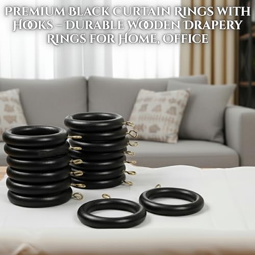 Wooden Curtain Rings with Metal Hooks for 1.5-inch Rods - 12 Pack