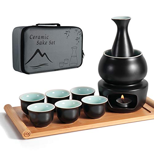 Dltsli Ceramic Sake Set with Warmer and Serving Tray - Japanese Sake Cup & Bottle