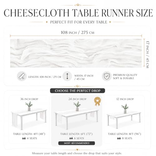 12 Pack White Cheesecloth Table Runners, 17x108 Inch Boho Gauze Table Decor