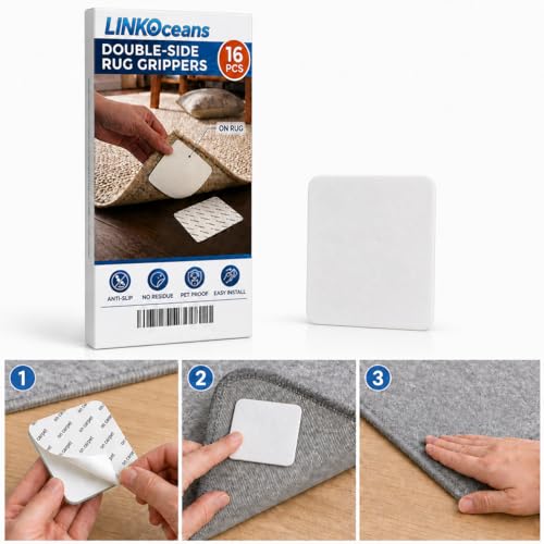 16 Pcs Non-Slip Rug Grippers for Hardwood & Tile Floors, Reusable Tape