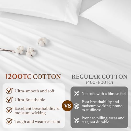 Luxury 100% Cotton King Duvet Cover Set, 1200 Thread Count, White