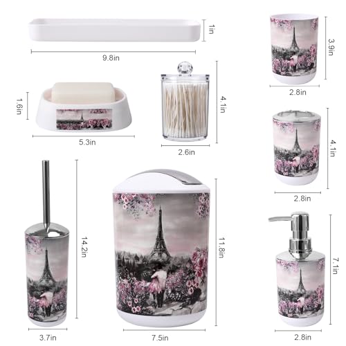 Pink Paris 9-Piece Bathroom Accessories Set with Shower Curtain & Trash Can