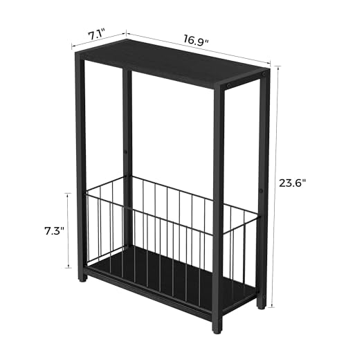 Homleke Narrow Black Side Table with Magazine Holder - Rustic End Table