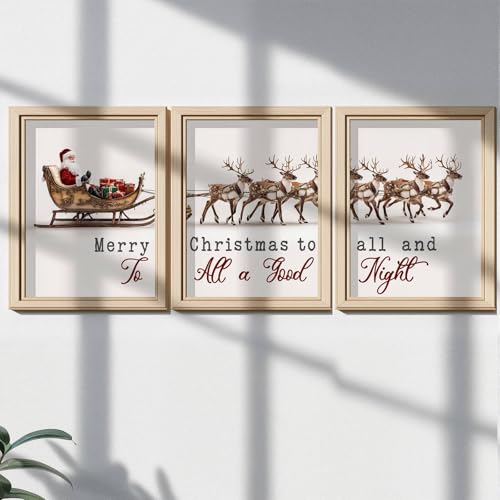 11x14 Inch Unframed Set of 3 Vintage Santa Reindeer Wall Art Prints