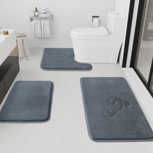 HUXMEYSON 3-Piece Memory Foam Bathroom Rug Set, Non-Slip & Absorbent Grey