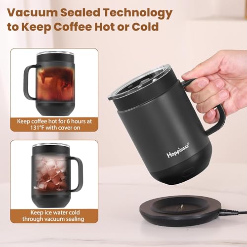 Happiness 16oz Self-Heating Coffee Mug with Temperature Control & Spill-Resistant Lid - Black