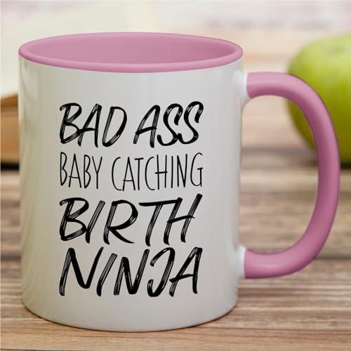 Retreez Funny Bad Ass Baby Ninja Birth Mug - 11 oz White with Pink Handle & Inside