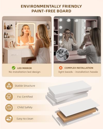 43-Inch White Makeup Vanity Desk with LED Mirror & Charging Station