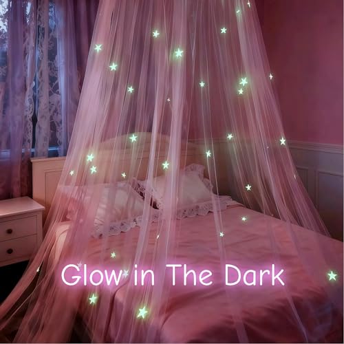 Pink Bed Canopy for Girls with Glow-in-The-Dark Stars, Princess Bed Curtain - Daksha, Pink with Stars
