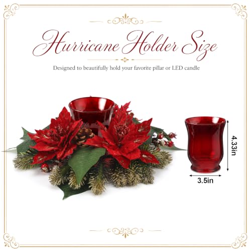 Faux Poinsettia & Berry Christmas Centerpieces Set with Glass Candle Holders, 17.5"