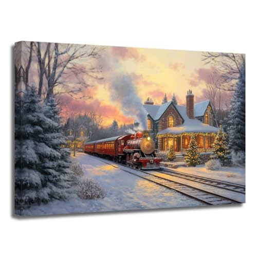 XLMDYYSW Christmas Red Train Wall Art Canvas Print 16" x 24" Winter Scene Cabin Decor