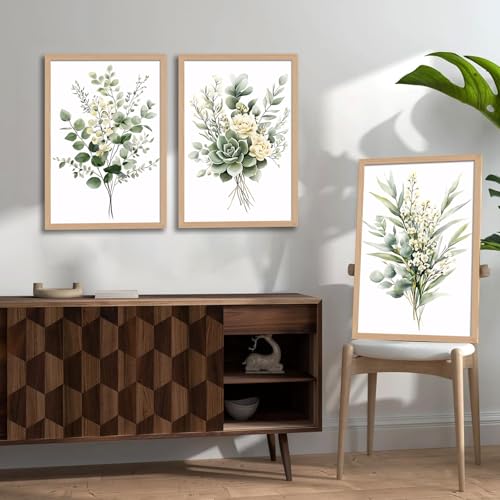 3-Piece Framed Botanical Wall Art Set, Sage Green Watercolor Floral Canvas