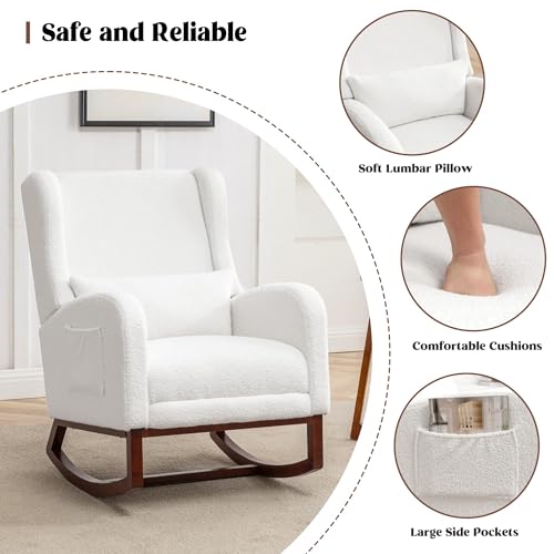 Sherpa Nursery Rocking Chair with Retractable Footrest and Lumbar Pillow