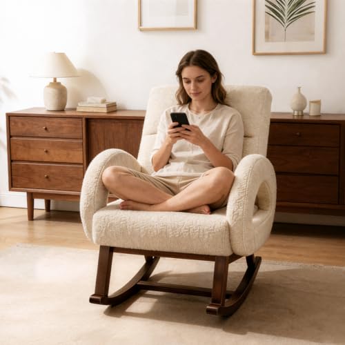COMHOMA Beige Boucle Nursery Rocking Chair with Ottoman & Lumbar Pillow