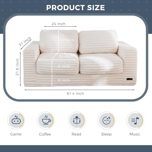 Large Bean Bag Loveseat Sofa with Pillows, Plush Faux Fur Floor Couch, White