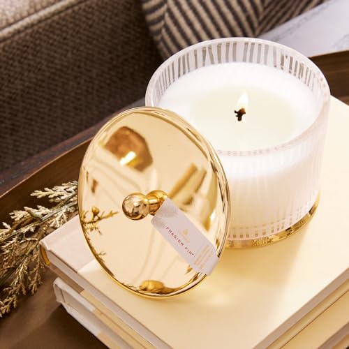 Thymes Frasier Fir Gilded Frosted Wood Grain Candle 9 oz – gold lid, pine scent