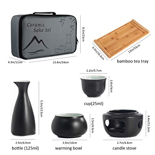 Dltsli Ceramic Sake Set with Warmer and Serving Tray - Japanese Sake Cup & Bottle