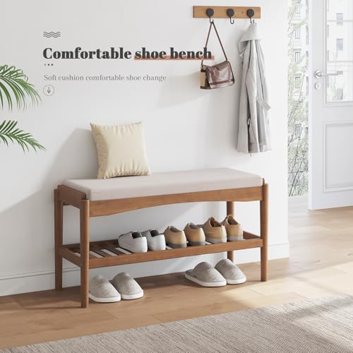 2-Tier Bamboo Shoe Bench with Padded Seat - Entryway Storage Organizer