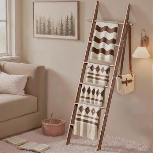 6-Tier Wooden Blanket Ladder with Hooks - Rustic Farmhouse Towel Rack