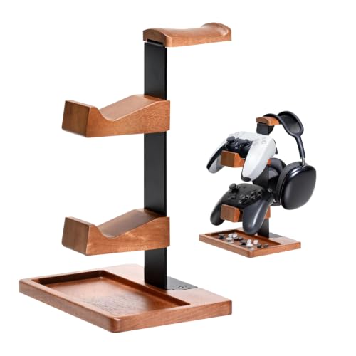 Solid Wood Gaming Controller and Headset Stand with Accessory Tray