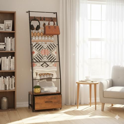 5-Tier Metal Blanket Ladder with Storage Drawer and Hooks, 63-Inch