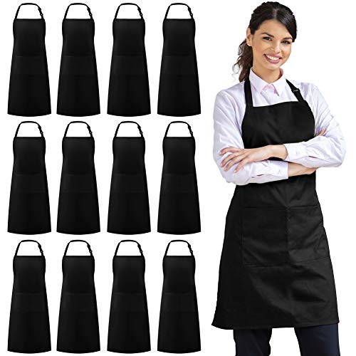 Syntus 12 Pack Black Aprons with Pockets for Men Women - Polyester, Adjustable, Kitchen & Cooking