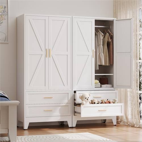 71-Inch Metal Wardrobe Armoire with Hanging Rod and 2 Drawers - White