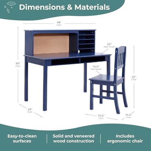 Kids Wooden Desk and Chair Set with Hutch and Storage - Navy